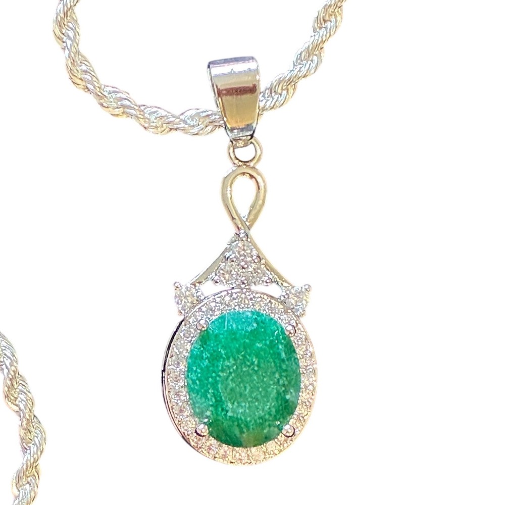 925 Sterling Silver Synthetic Green Spinel Simulated Emerald Pendant Necklace 18